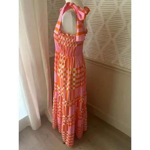 Boutique Women’s Large Pink Orange Gingham Smocked Shoulder Tie Maxi Dress NWT - Picture 5 of 7